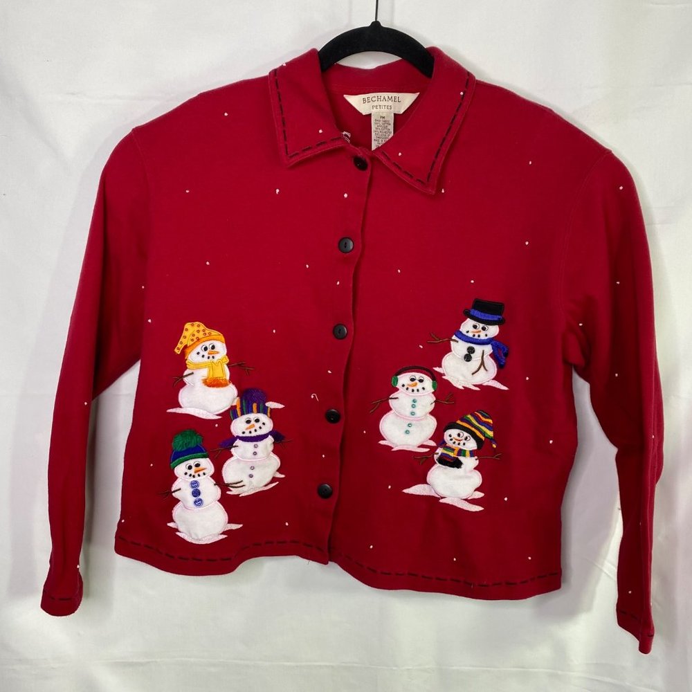Christmas Snowmen Snowman Knit Red Jacket Petite Medium Snow Bechamel  Used